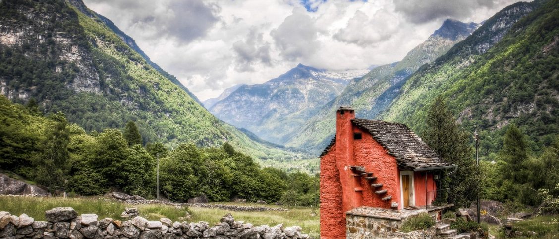 mountains, clouds, cottage