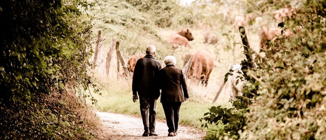 elderly, couple, walking